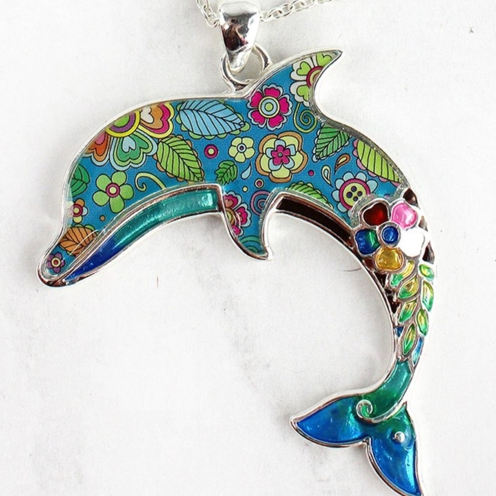 2/$15- BLUE FLORAL DOLPHIN SILVERTONE NECKLACE